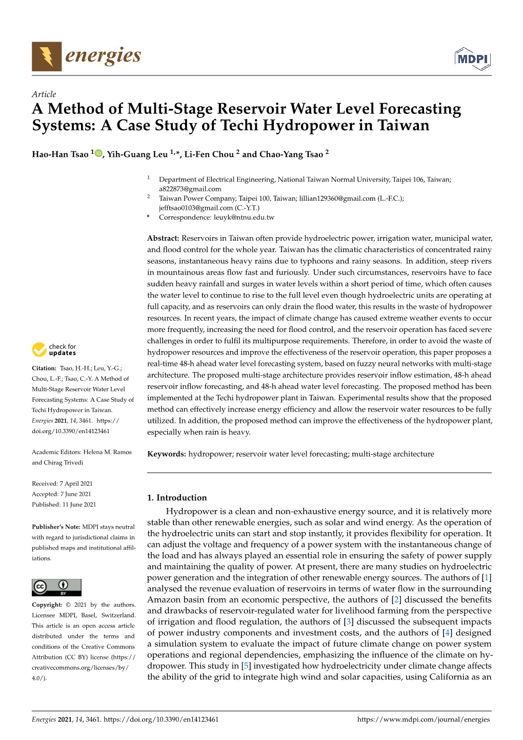 A Method of Multi-Stage Reservoir Water Level Forecasting Systems: a Case Study of Techi Hydropower in Taiwan