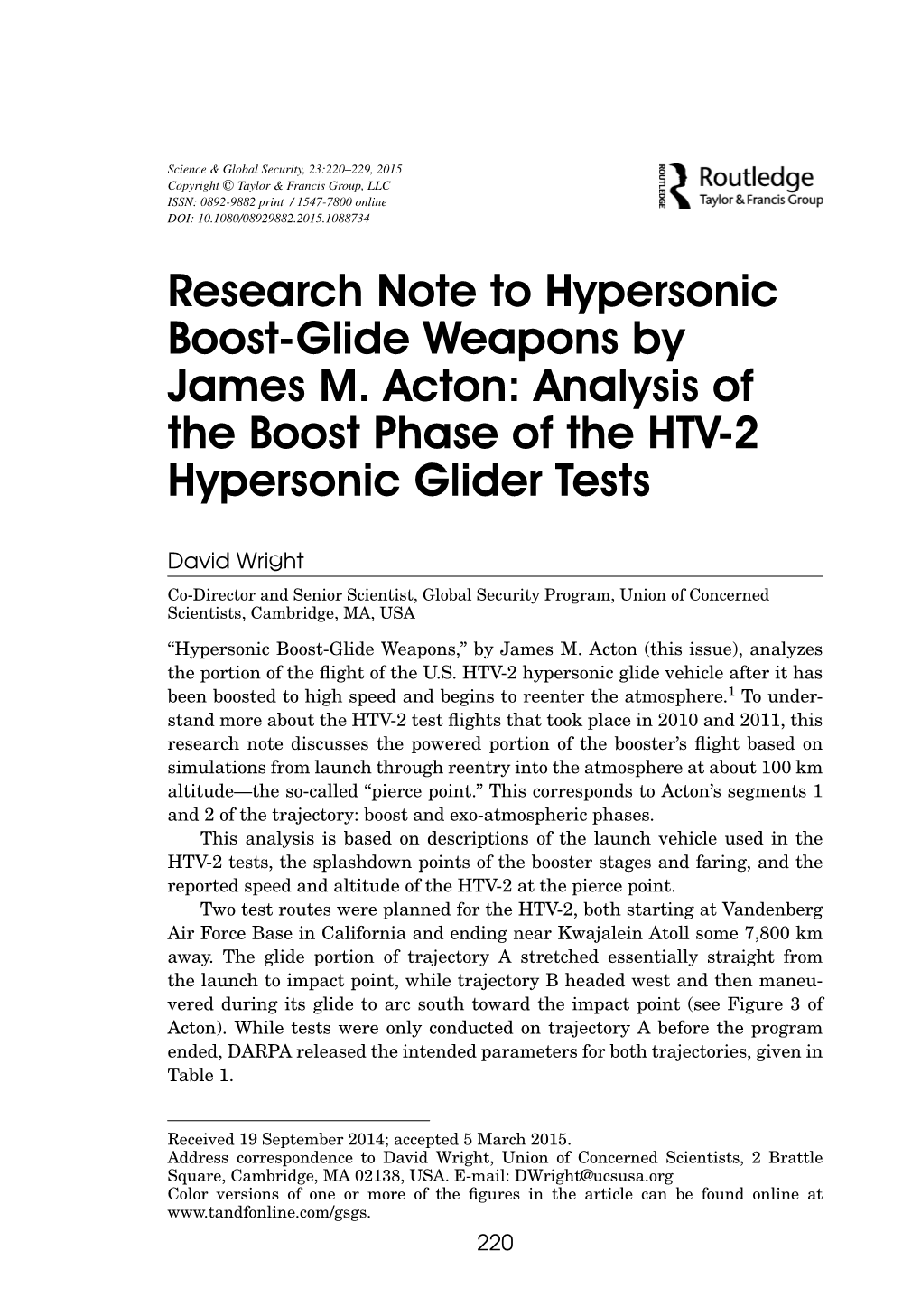 Analysis of the Boost Phase of the HTV-2 Hypersonic Glider Tests