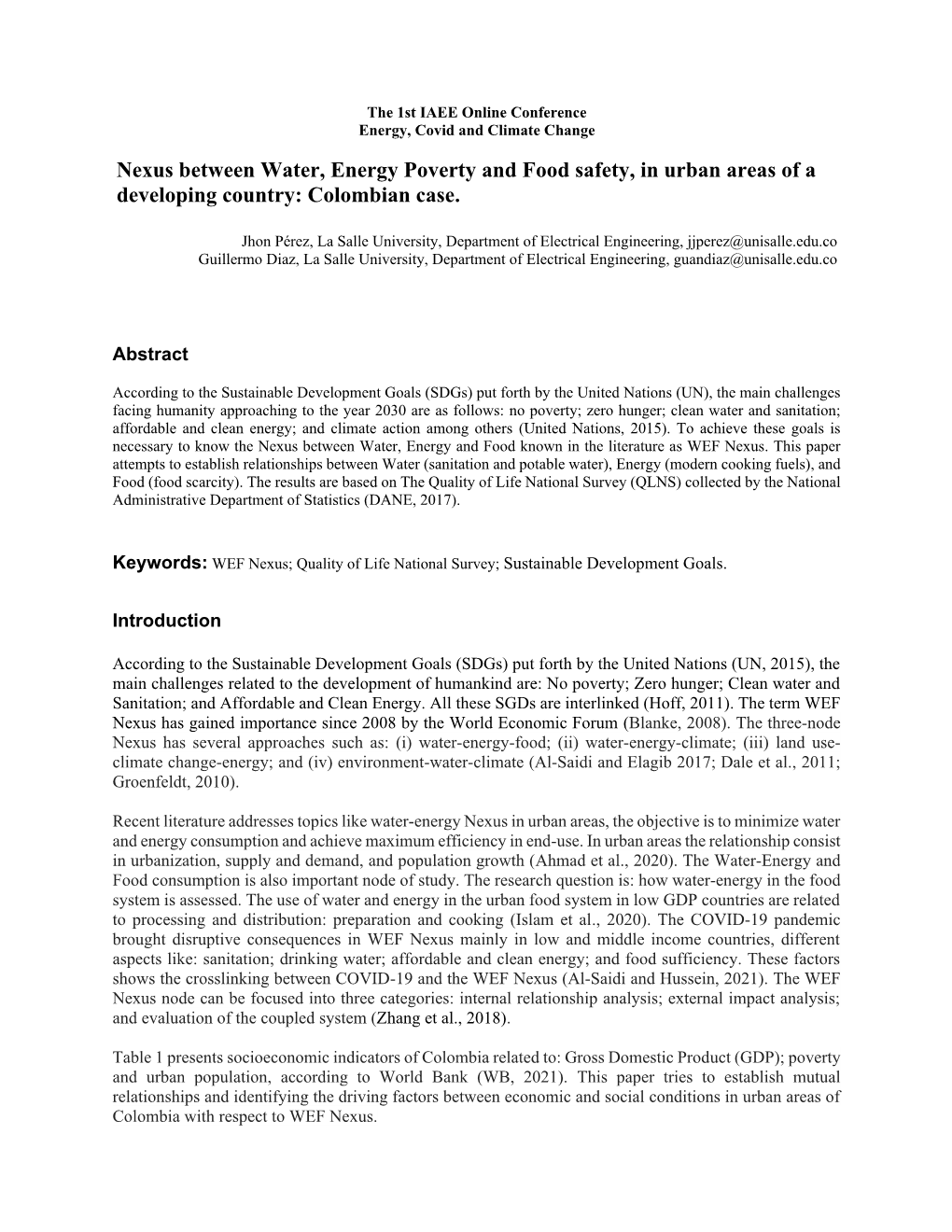 Nexus Between Water, Energy Poverty and Food Safety, in Urban Areas of a Developing Country: Colombian Case