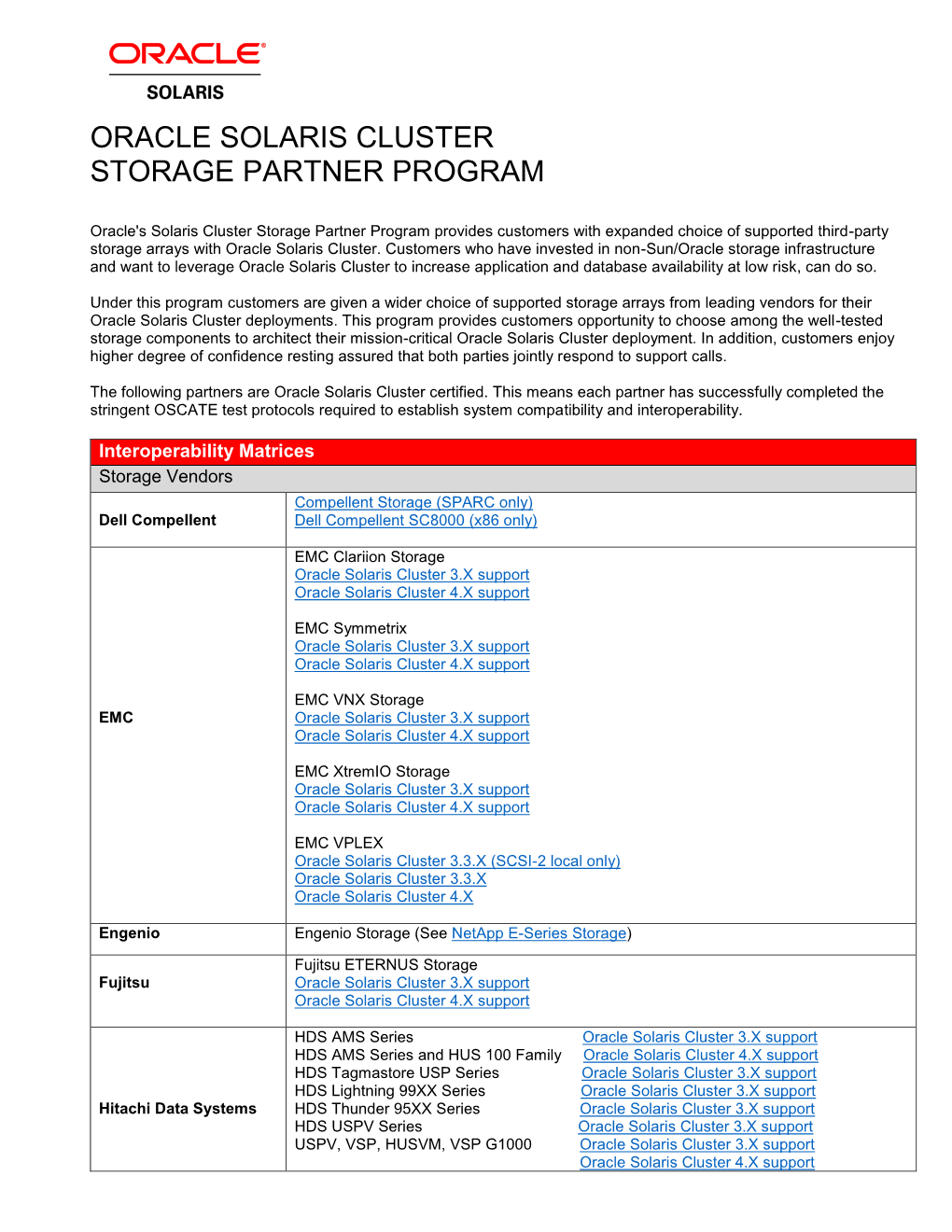 Oracle Solaris Cluster Storage Partner Program