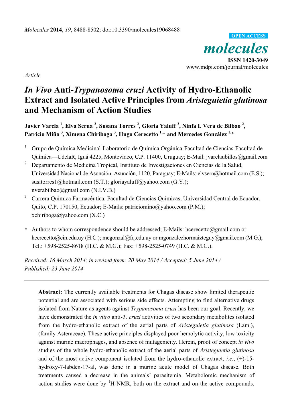 In Vivo Anti-Trypanosoma Cruzi Activity of Hydro-Ethanolic Extract and Isolated Active Principles from Aristeguietia Glutinosa and Mechanism of Action Studies