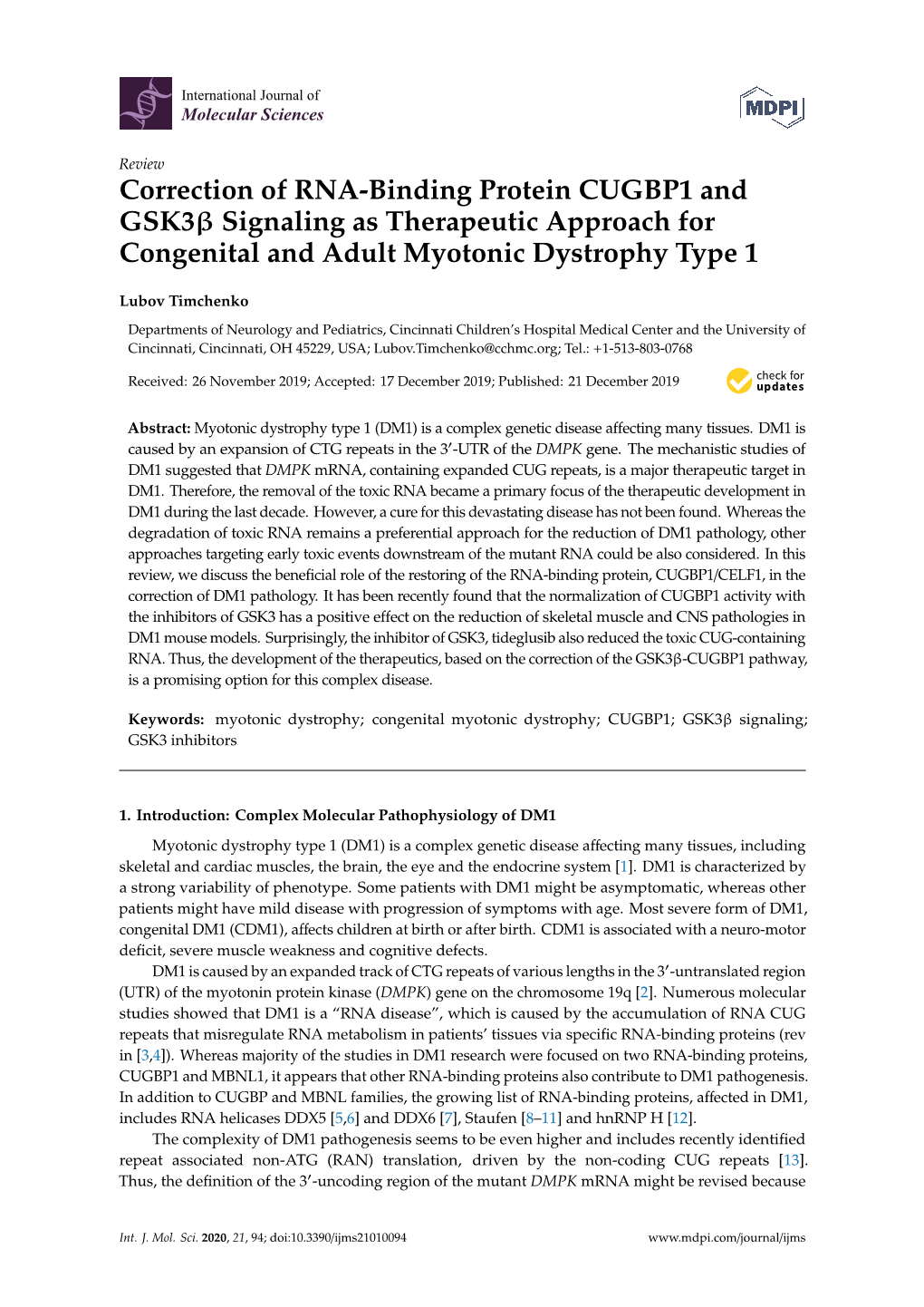 Correction of RNA-Binding Protein CUGBP1 and GSK3 Signaling As