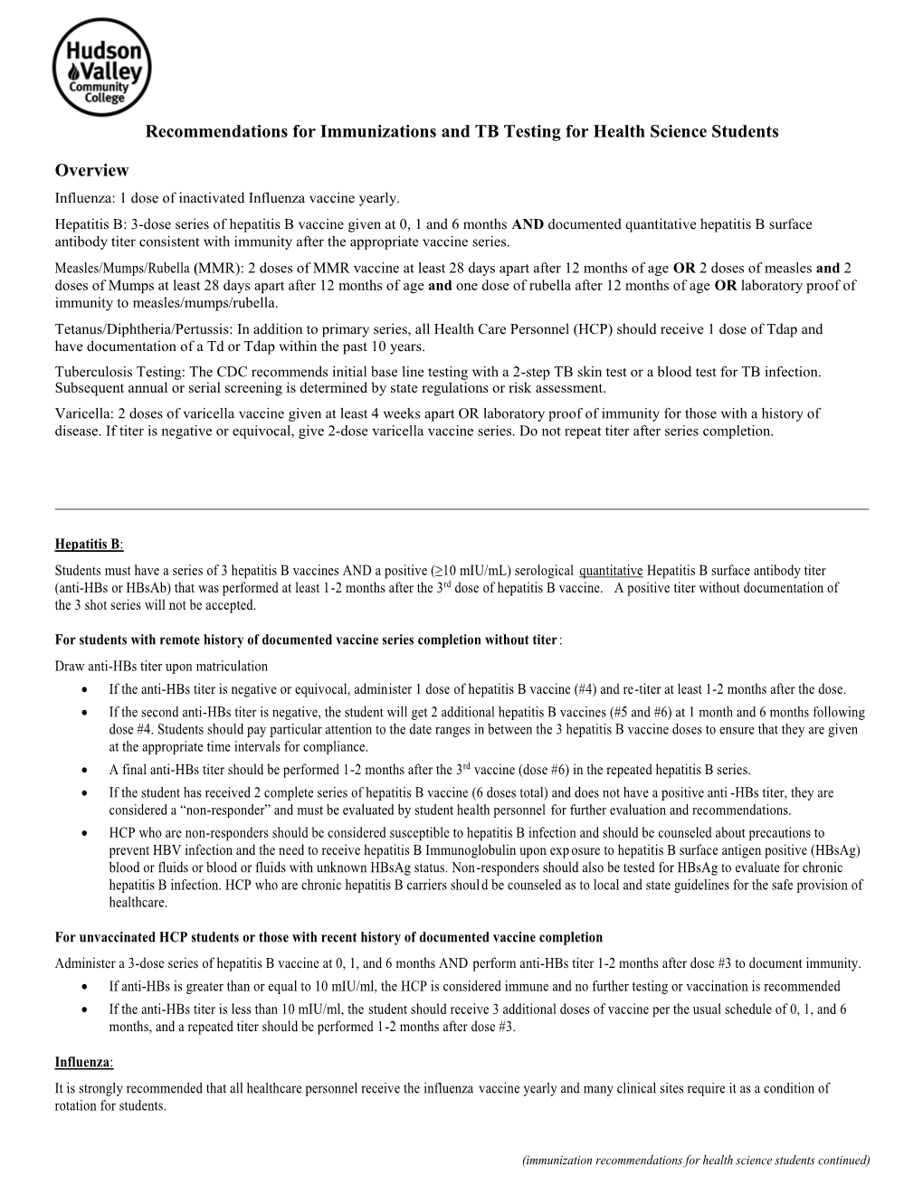 Recommendations for Immunizations and TB Testing for Health Science Students