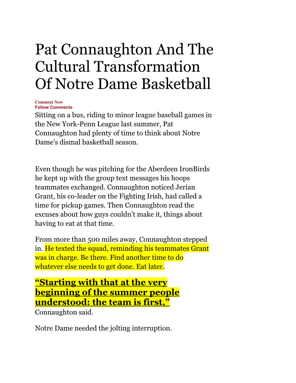 Pat Connaughton and the Cultural Transformation of Notre Dame Basketball