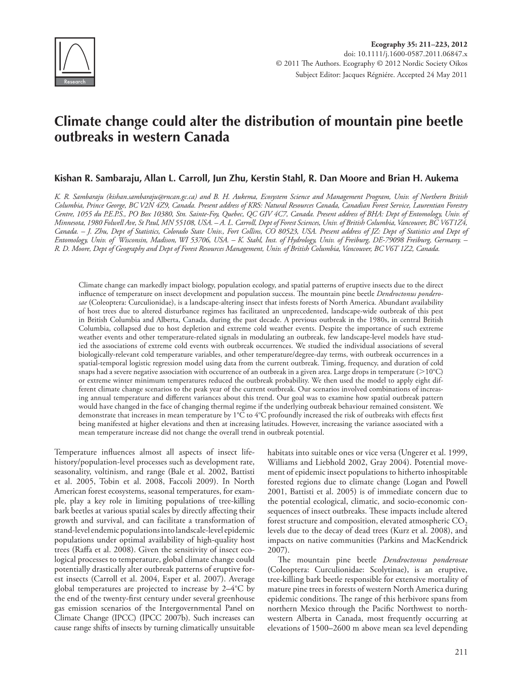 Climate Change Could Alter the Distribution of Mountain Pine Beetle Outbreaks in Western Canada