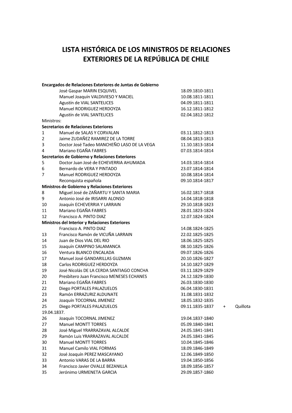 Lista Histórica De Los Ministros De Relaciones Exteriores De La República De Chile