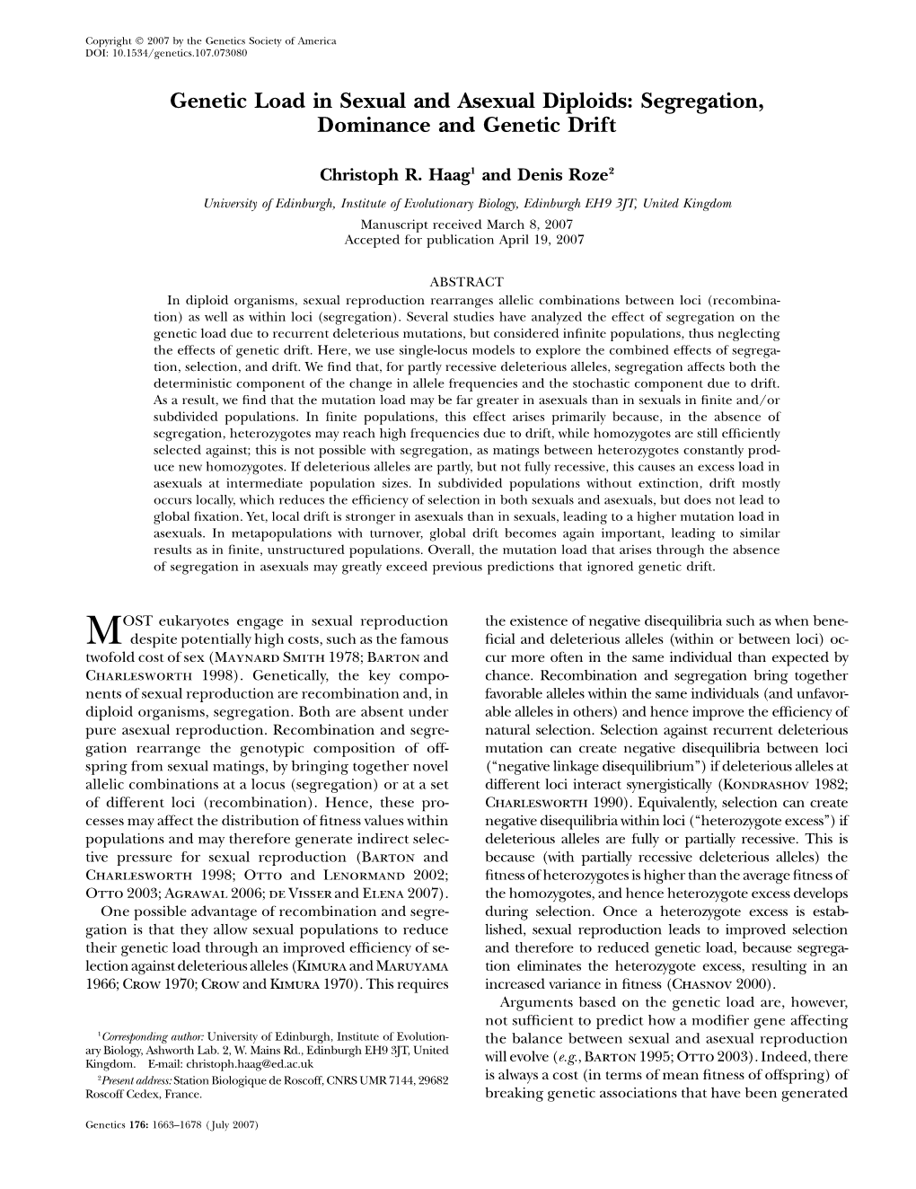 Genetic Load in Sexual and Asexual Diploids: Segregation, Dominance and Genetic Drift