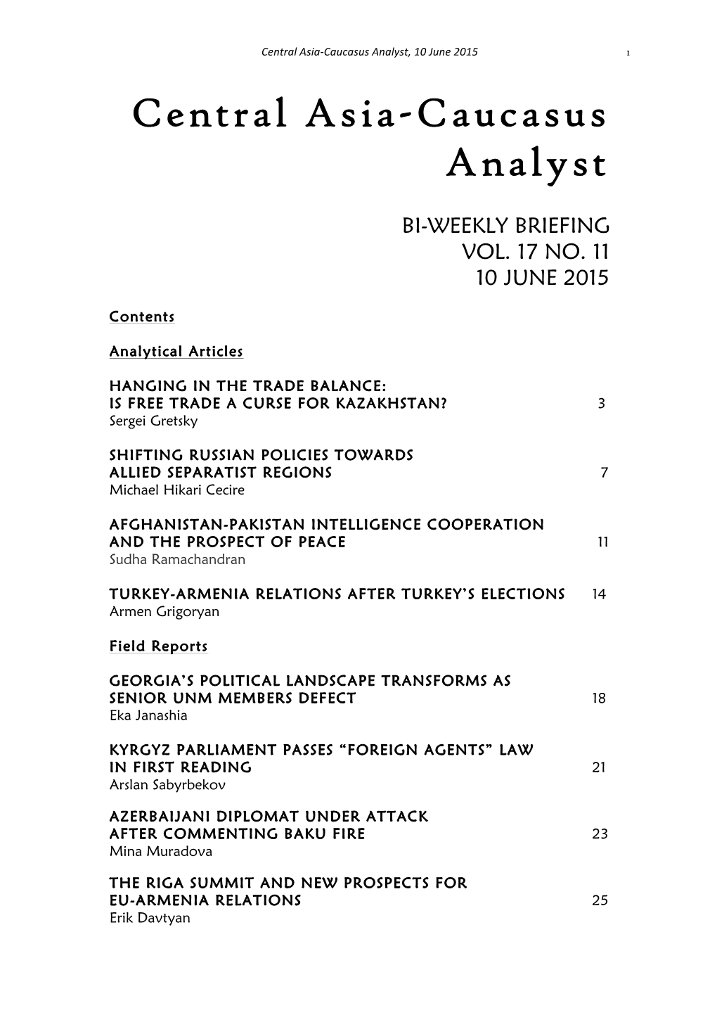 Central Asia-Caucasus Analyst, Vol 17, No 11