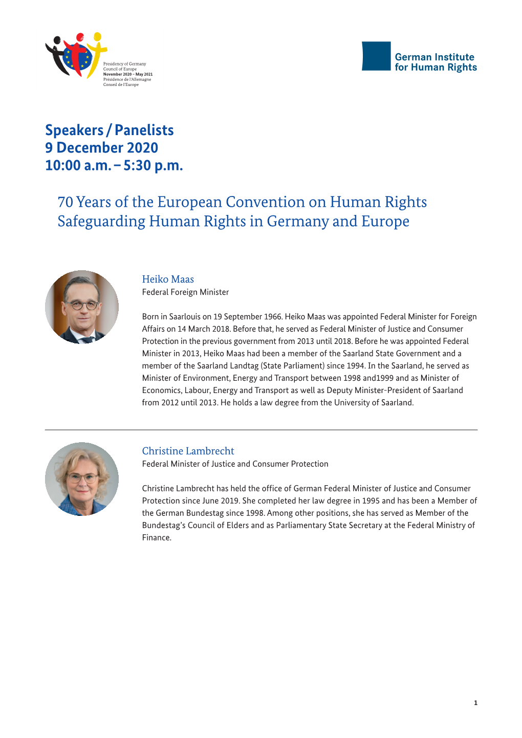 Speakers / Panelists 9 December 2020 10:00 A.M. – 5:30 P.M. 70 Years of the European Convention on Human Rights Safeguarding H