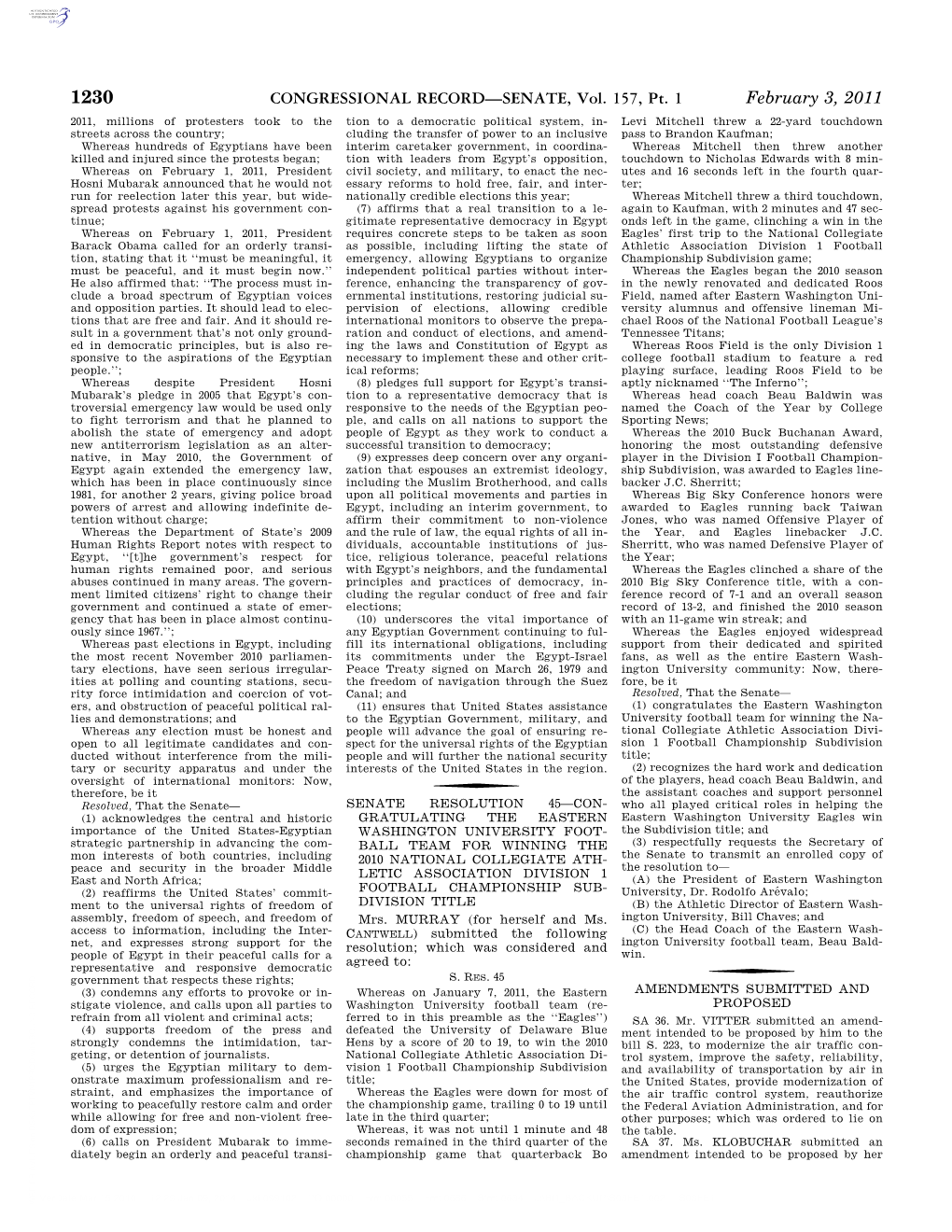 CONGRESSIONAL RECORD—SENATE, Vol. 157, Pt. 1 February