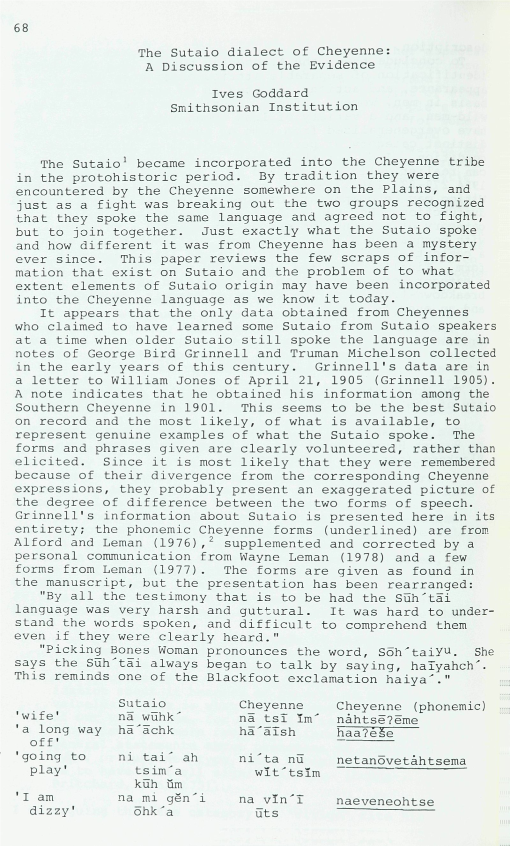 68 the Sutaio Dialect of Cheyenne: a Discussion of the Evidence Ives Goddard Smithsonian Institution