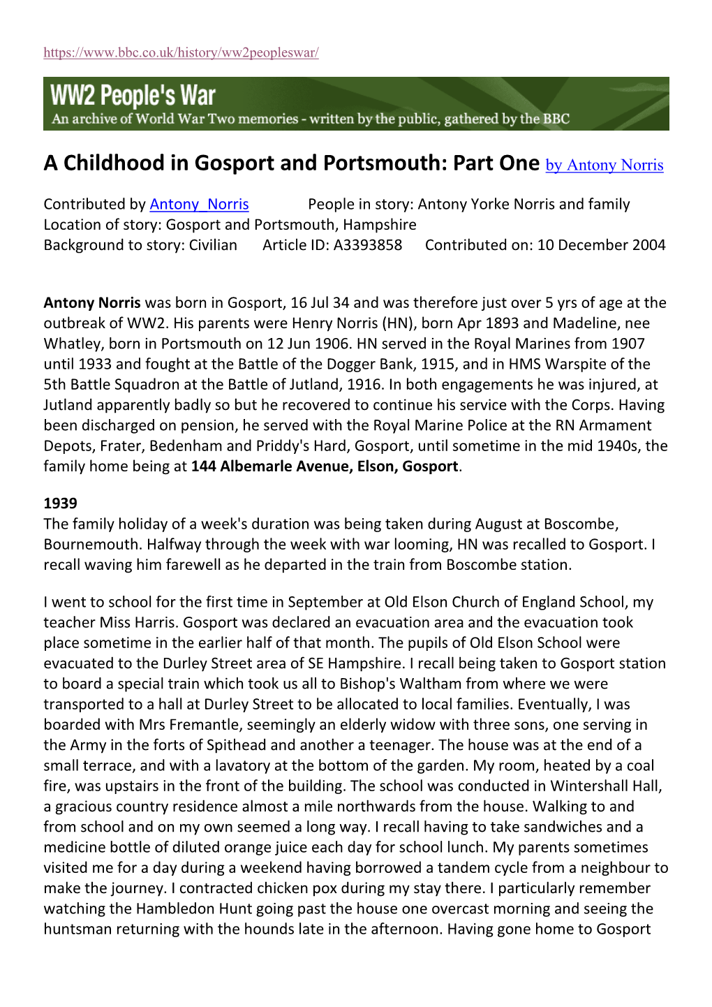 A Childhood in Gosport and Portsmouth: Part One by Antony Norris
