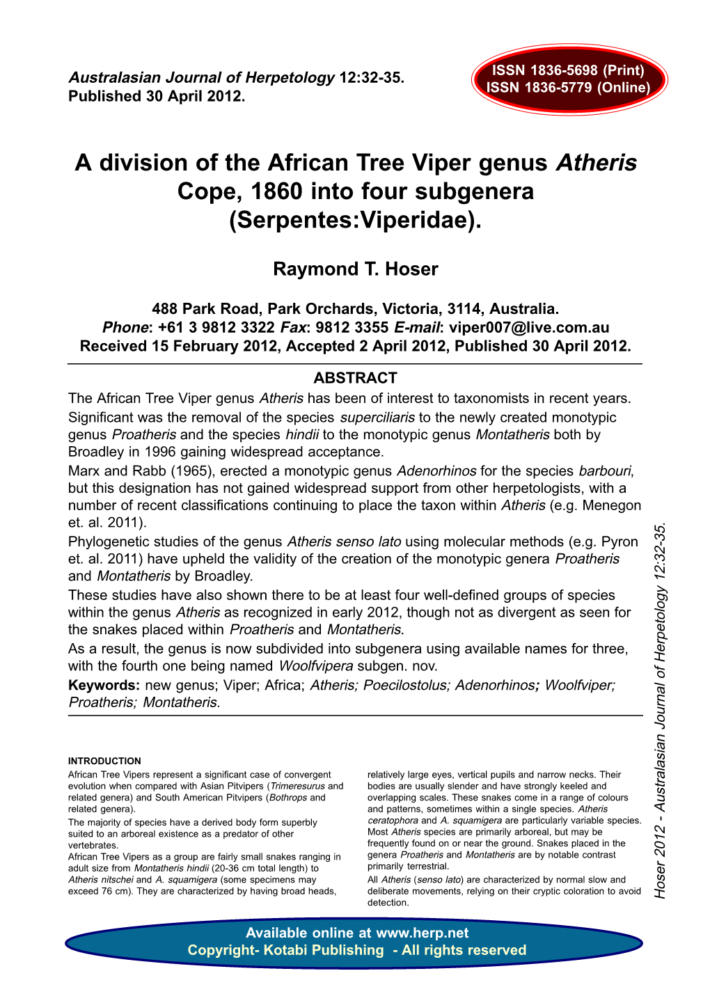 A Division of the African Tree Viper Genus Atheris Cope, 1860 Into Four Subgenera (Serpentes:Viperidae)