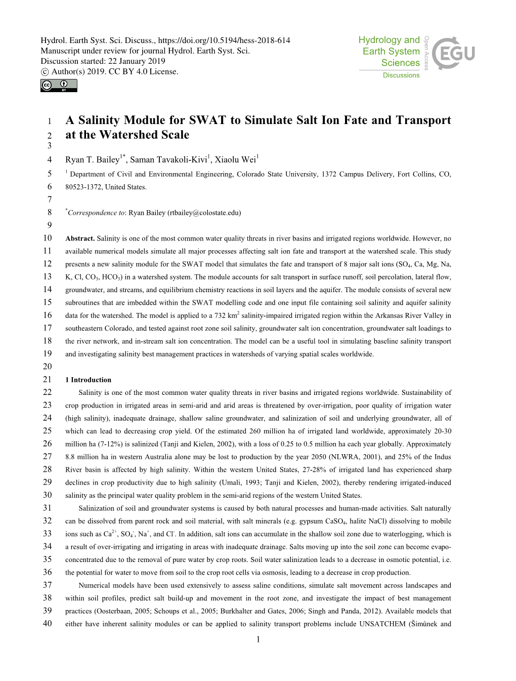 A Salinity Module for SWAT to Simulate Salt Ion Fate and Transport 2 at the Watershed Scale 3 4 Ryan T