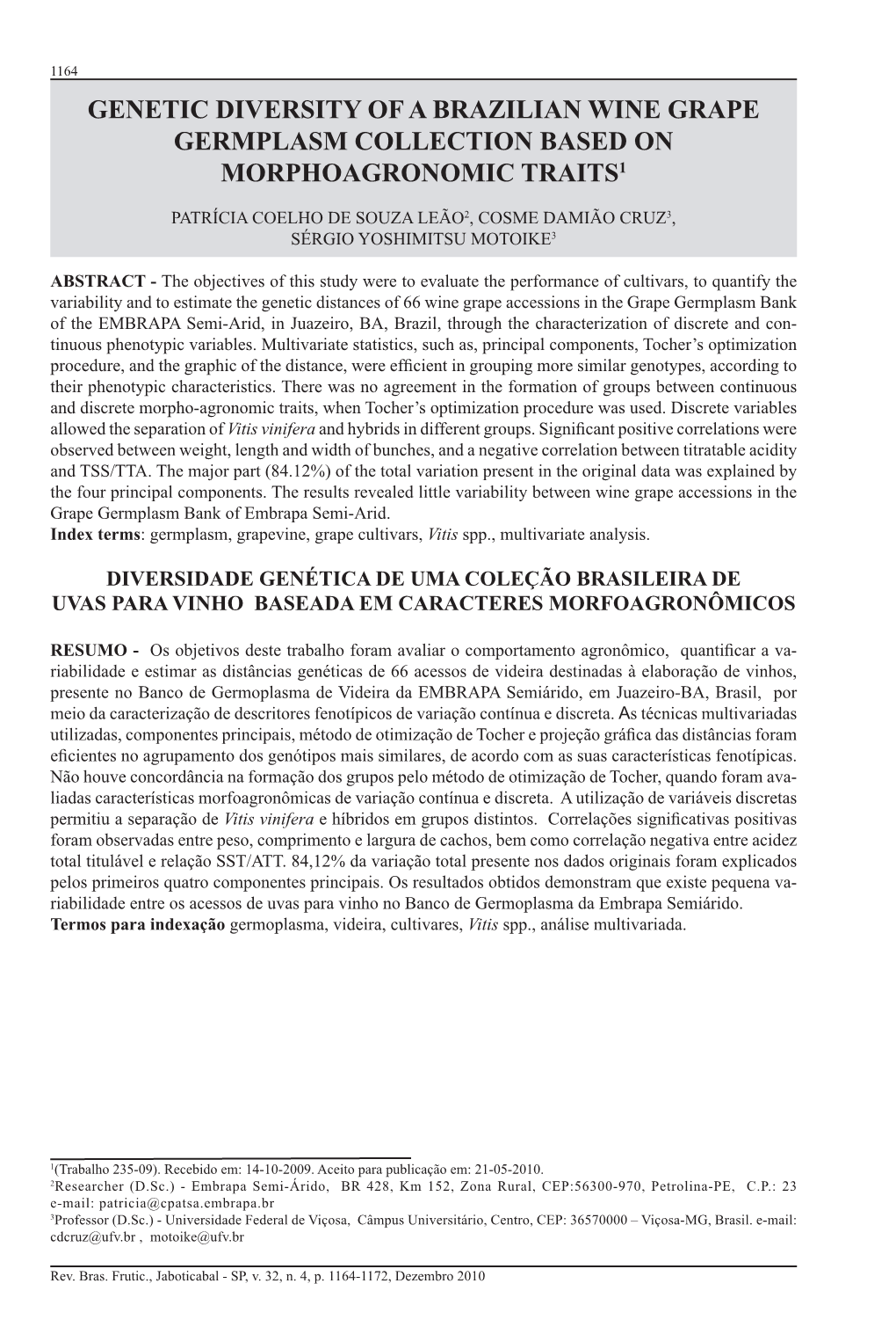 Genetic Diversity of a Brazilian Wine Grape Germplasm Collection Based on Morphoagronomic Traits1