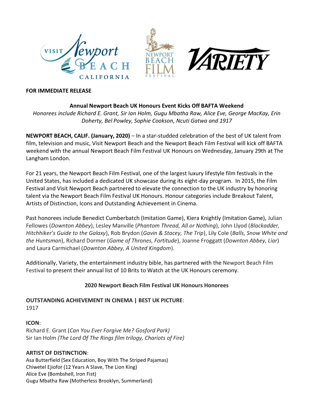 FOR IMMEDIATE RELEASE Annual Newport Beach UK Honours Event