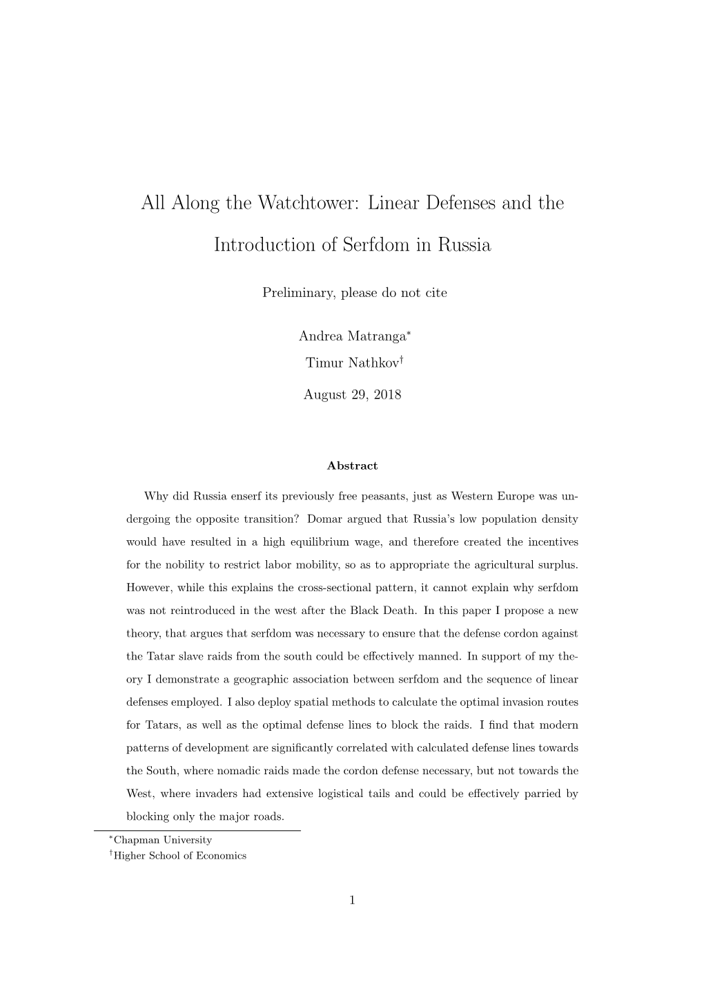 All Along the Watchtower: Linear Defenses and the Introduction of Serfdom in Russia