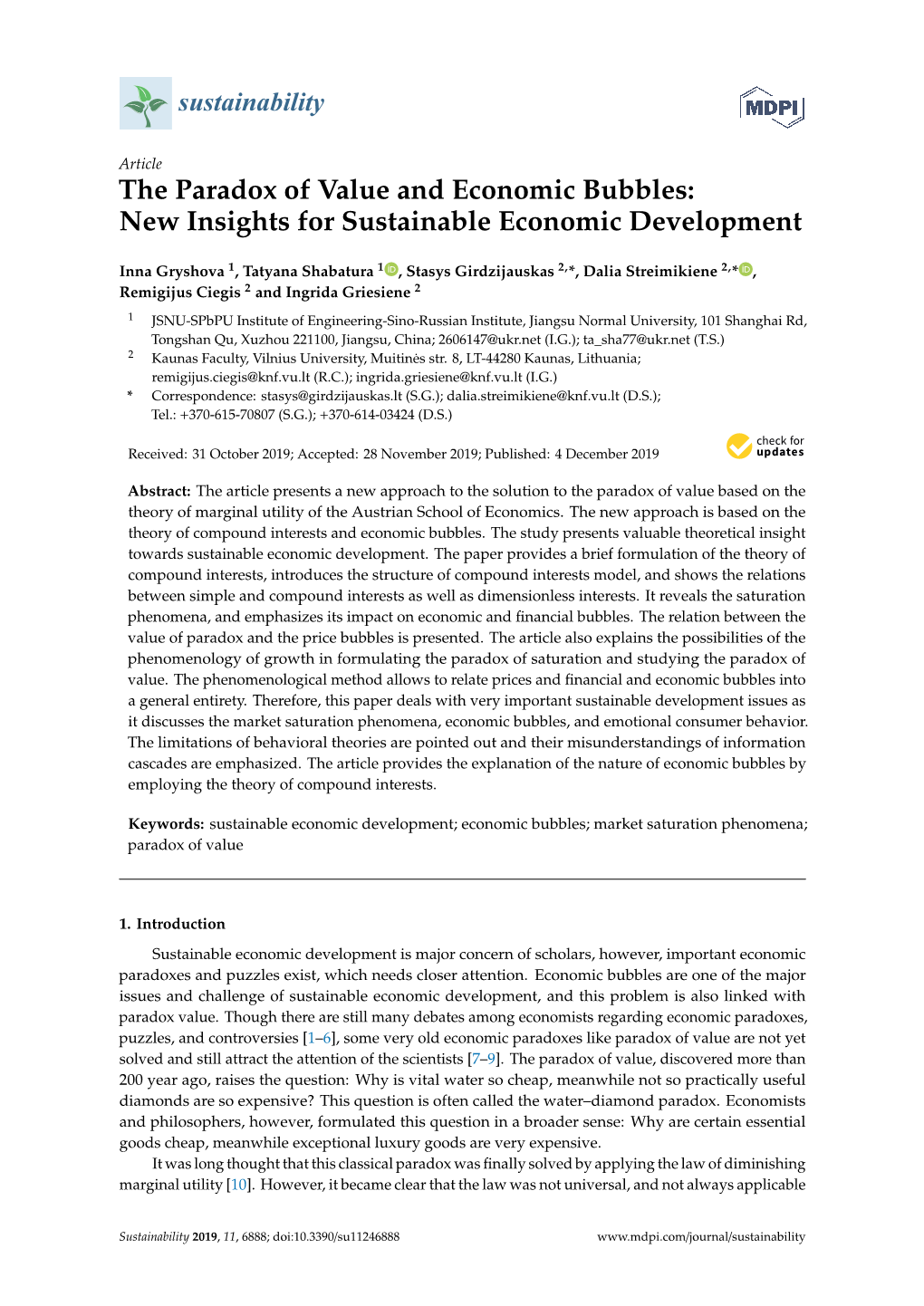 The Paradox of Value and Economic Bubbles: New Insights for Sustainable Economic Development