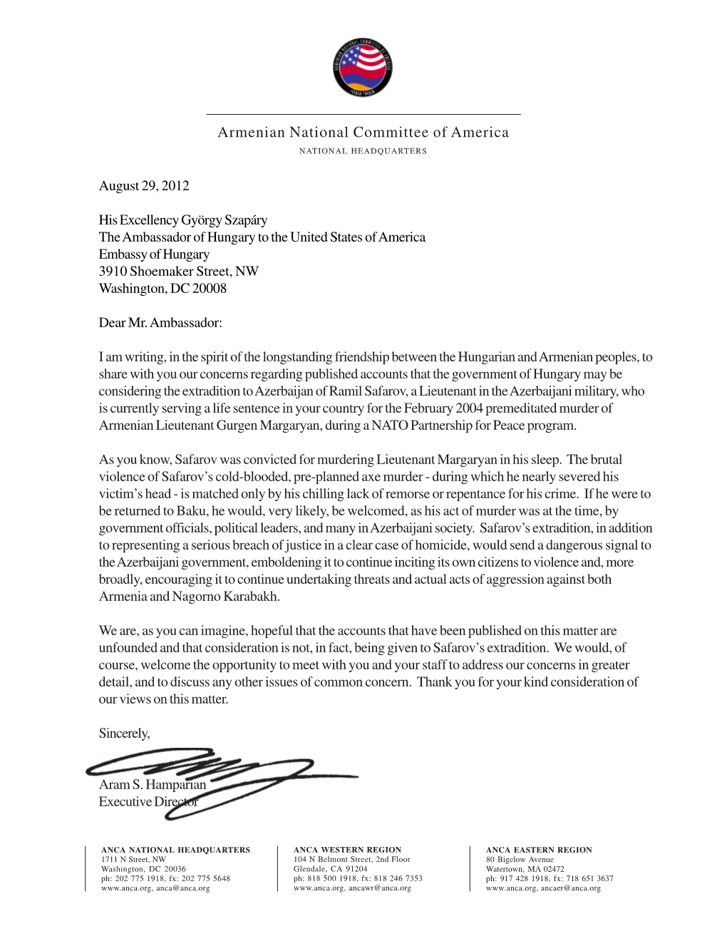 ANCA Letter to Ambassador of Hungary.Pmd