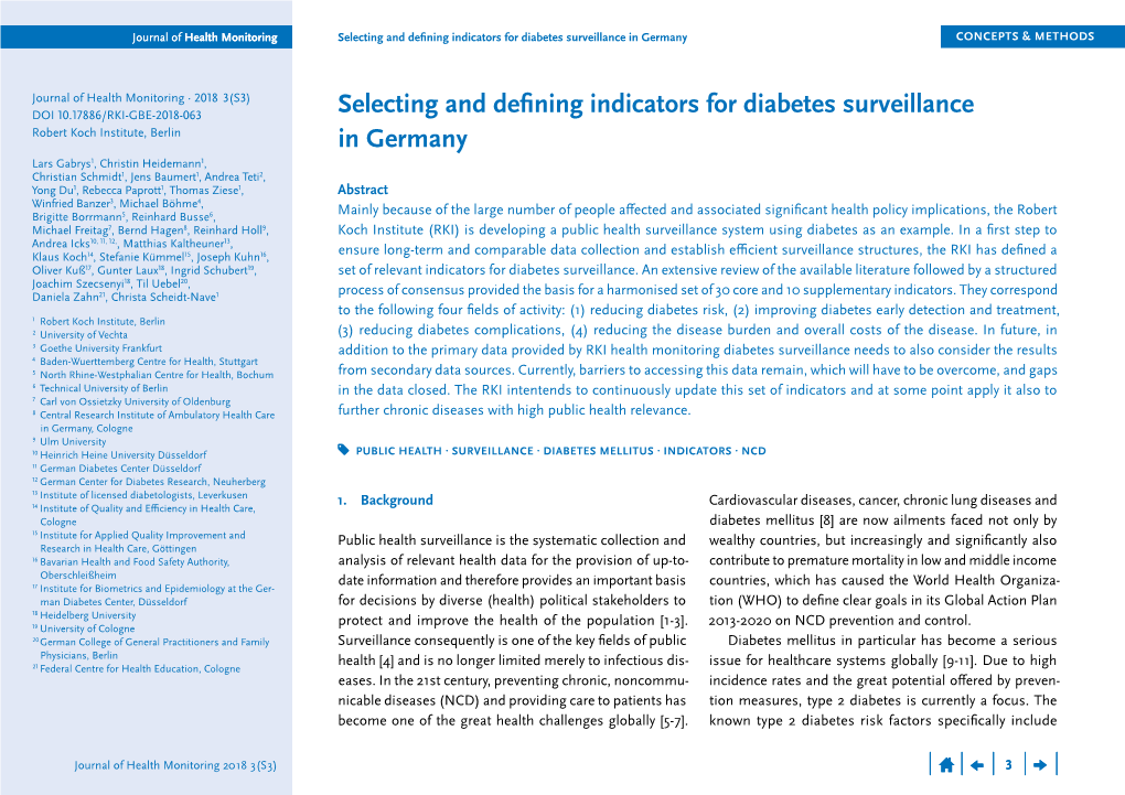 Selecting and Defining Indicators for Diabetes Surveillance in Germany CONCEPTS & METHODS