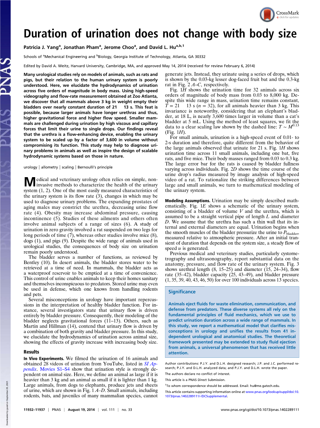 Duration of Urination Does Not Change with Body Size