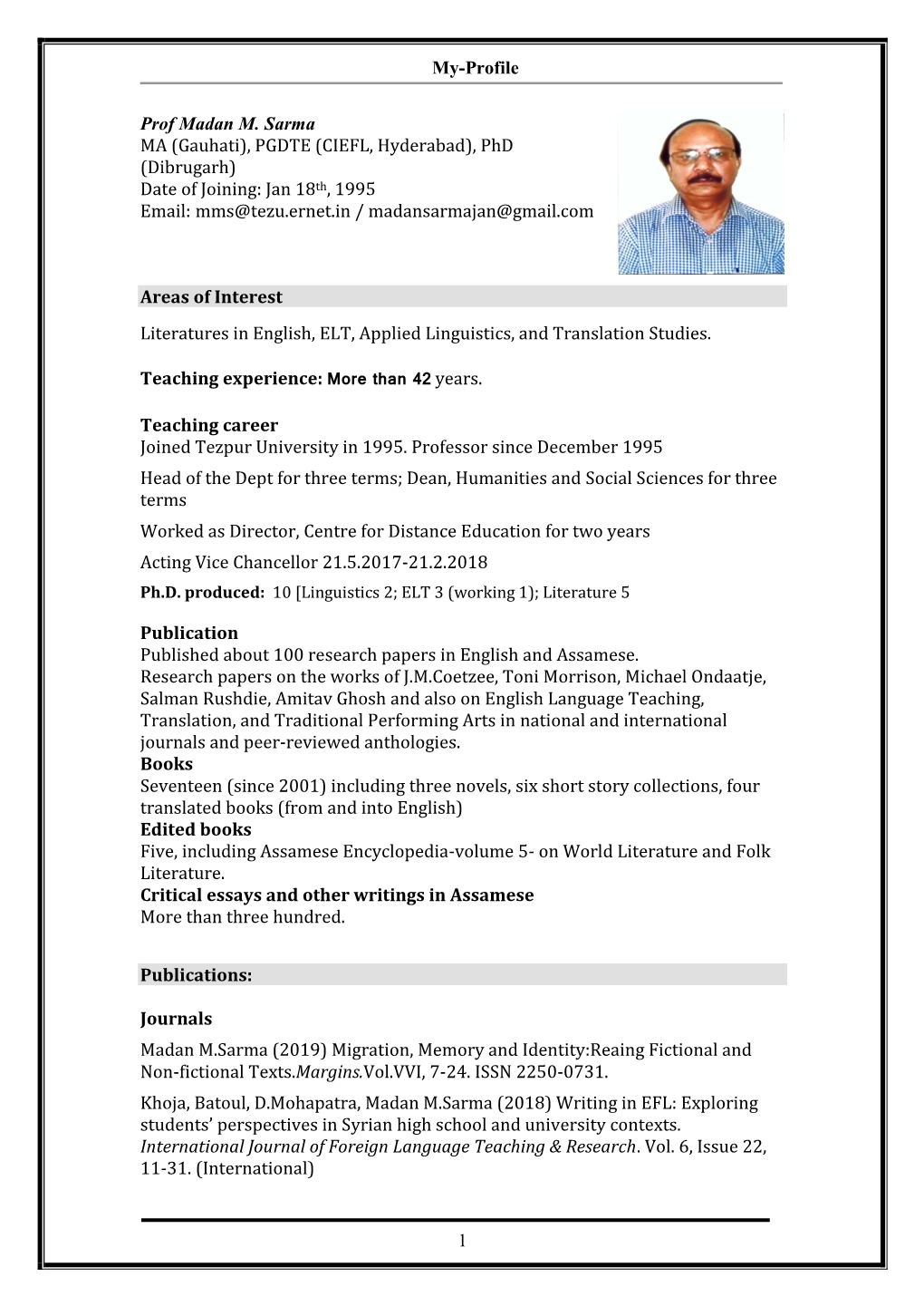 My-Profile 1 Prof Madan M. Sarma MA (Gauhati)