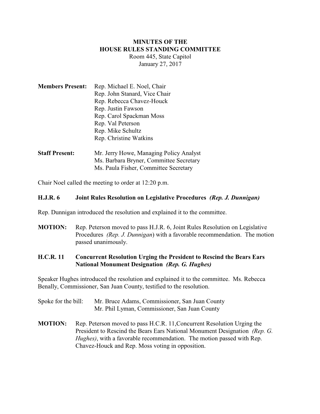 Minutes for House Rules Committee 01/27