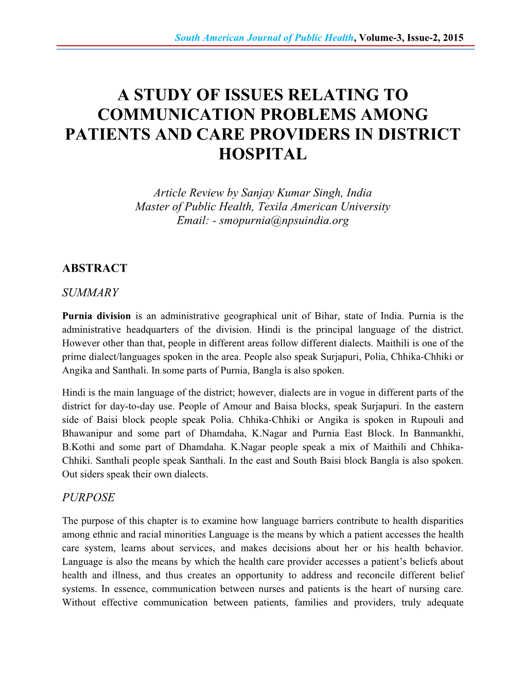 A Study of Issues Relating to Communication Problems Among Patients and Care Providers in District Hospital