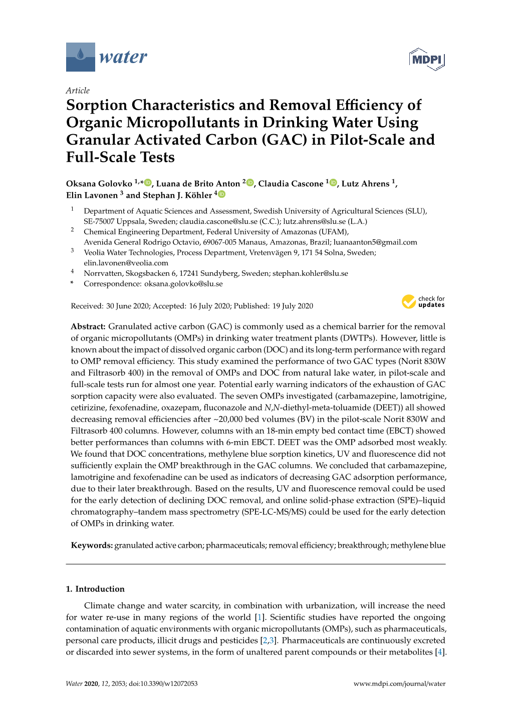 Sorption Characteristics and Removal Efficiency of Organic