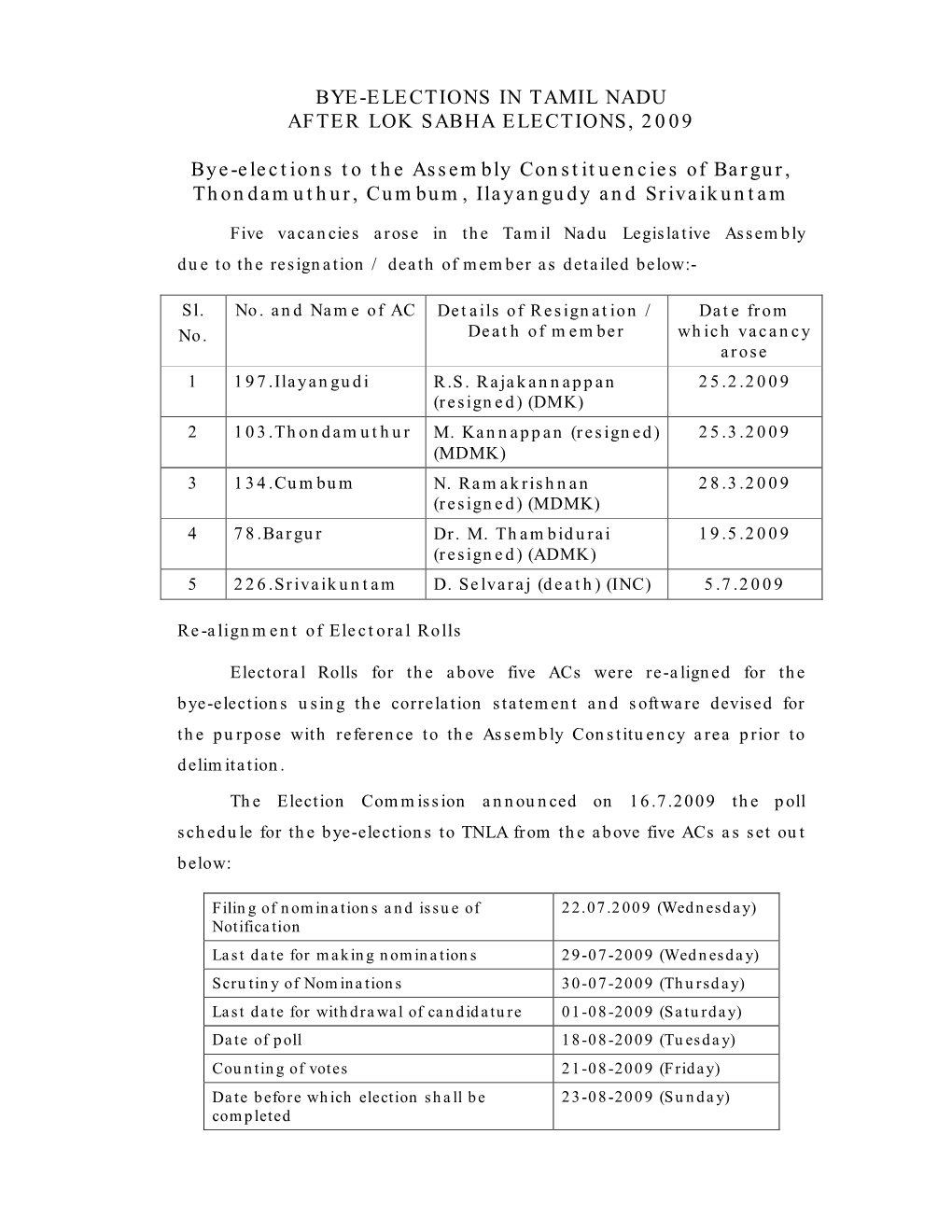 BYE-ELECTIONS in TAMIL NADU AFTER LOK SABHA ELECTIONS, 2009 Bye-Elections to the Assembly Constituencies of Bargur, Thondamuthu