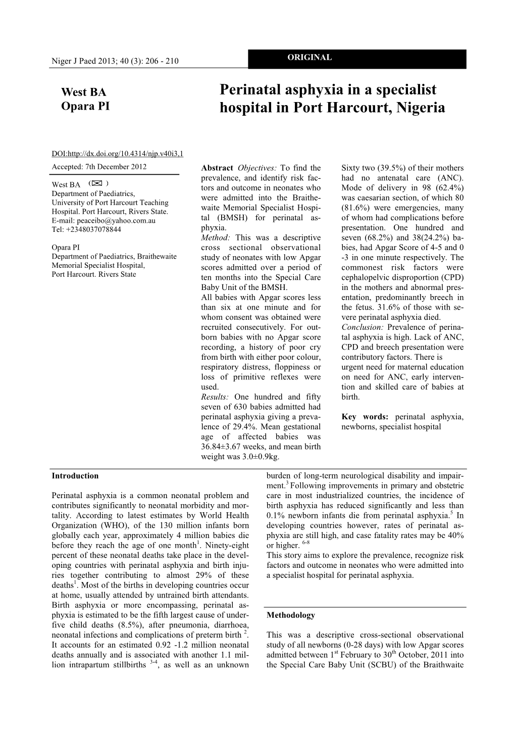 Perinatal Asphyxia in a Specialist Hospital in Port Harcourt, Nigeria