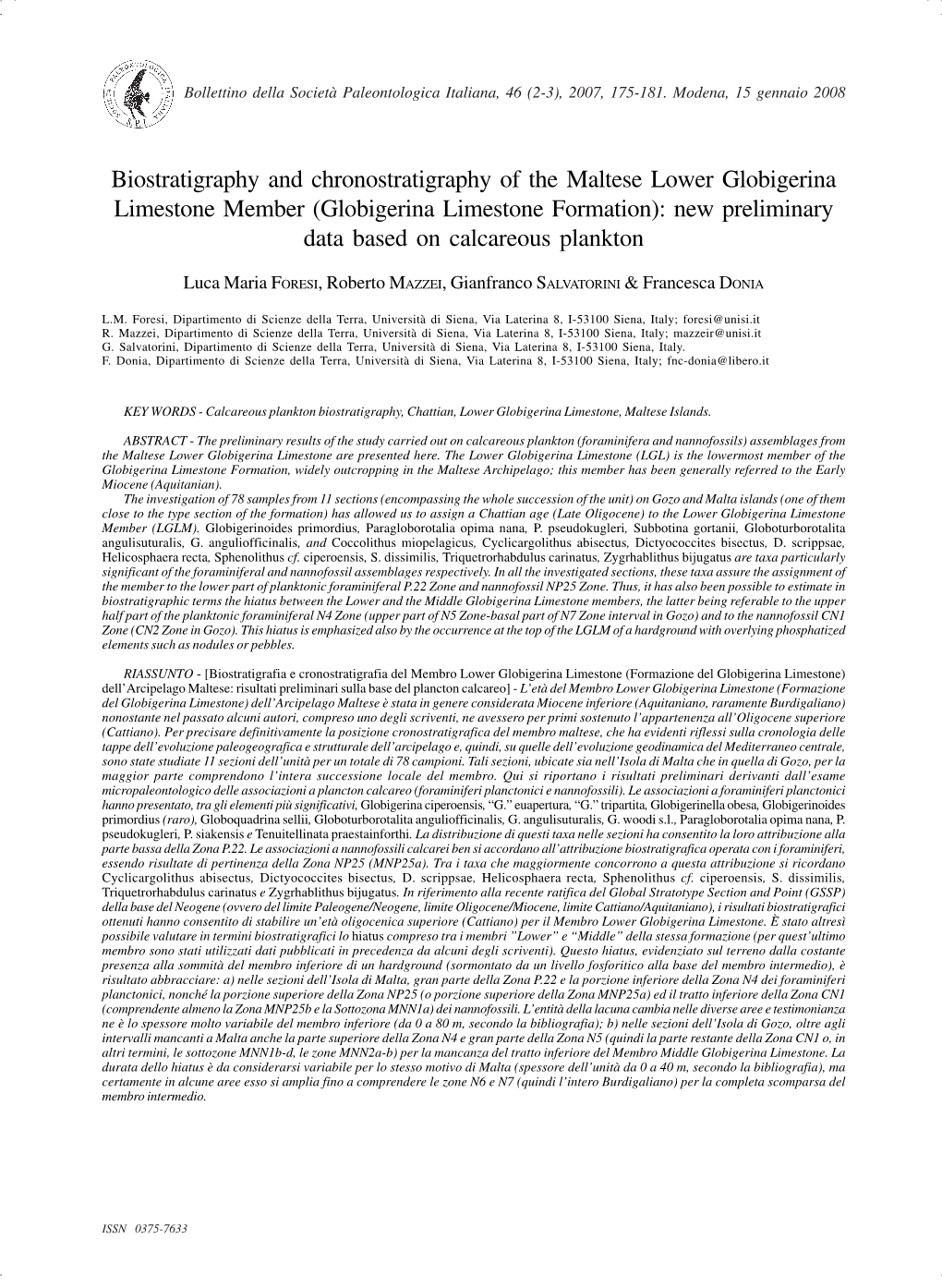 (Globigerina Limestone Formation): New Preliminary Data Based on Calcareous Plankton