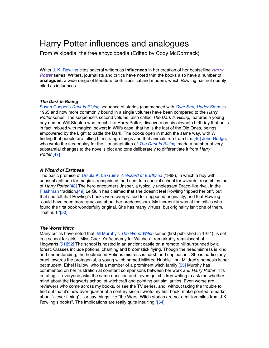 Harry Potter Influences and Analogues from Wikipedia, the Free Encyclopedia (Edited by Cody Mccormack)