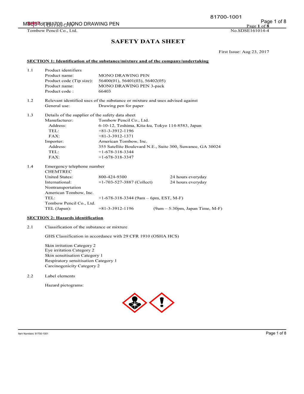 MSDS for #81700 - MONO DRAWING PEN Page 1 of 8 Tombow Pencil Co., Ltd