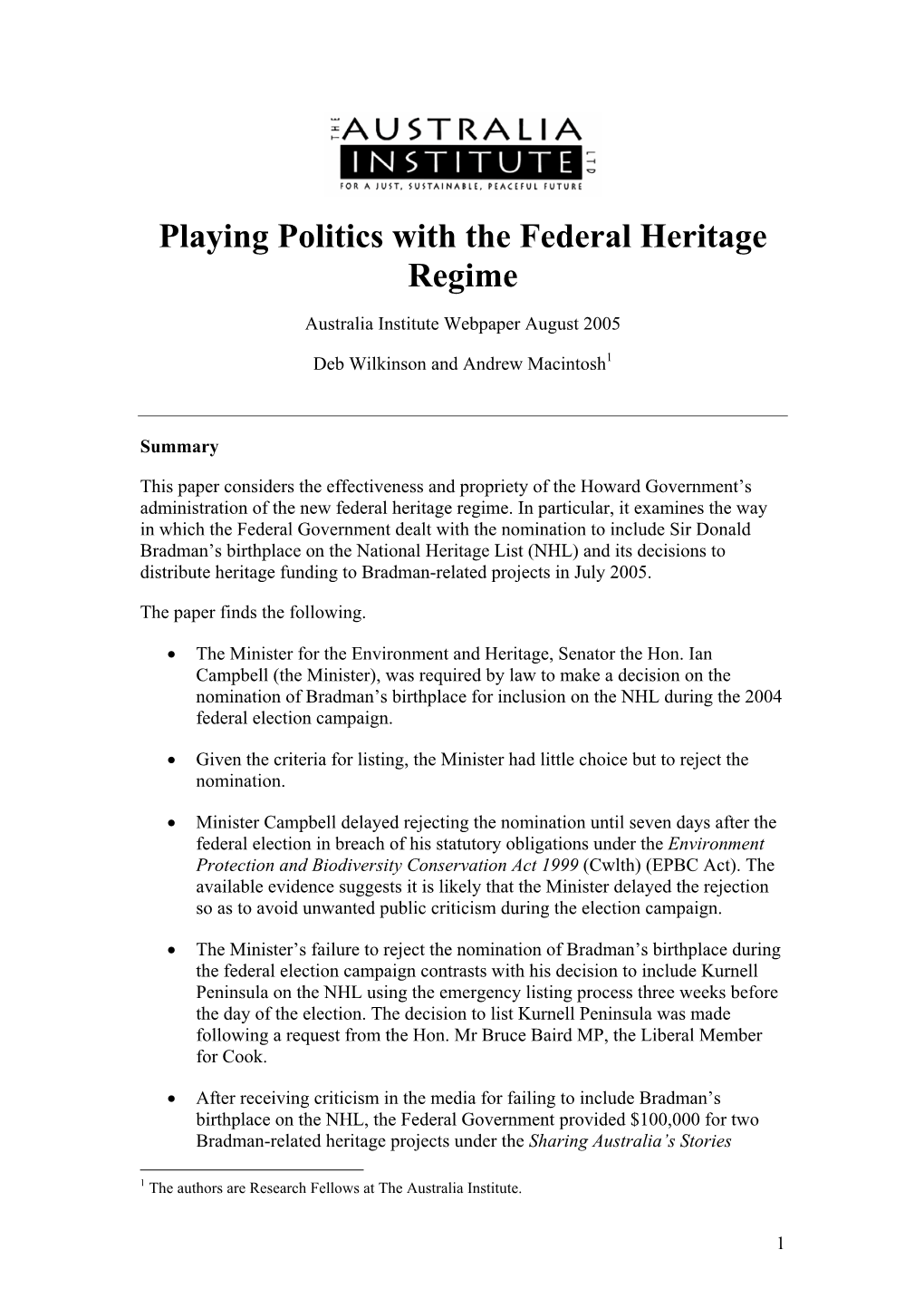 Playing Politics with the Federal Heritage Regime