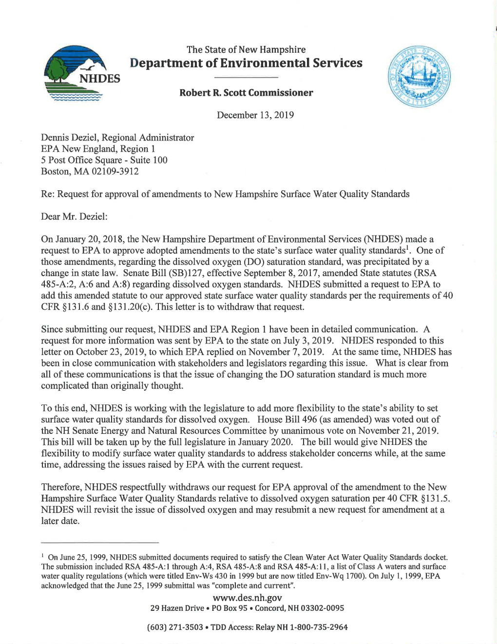 Re: Request for Approval of Amendments to New Hampshire Surface Water Quality Standards