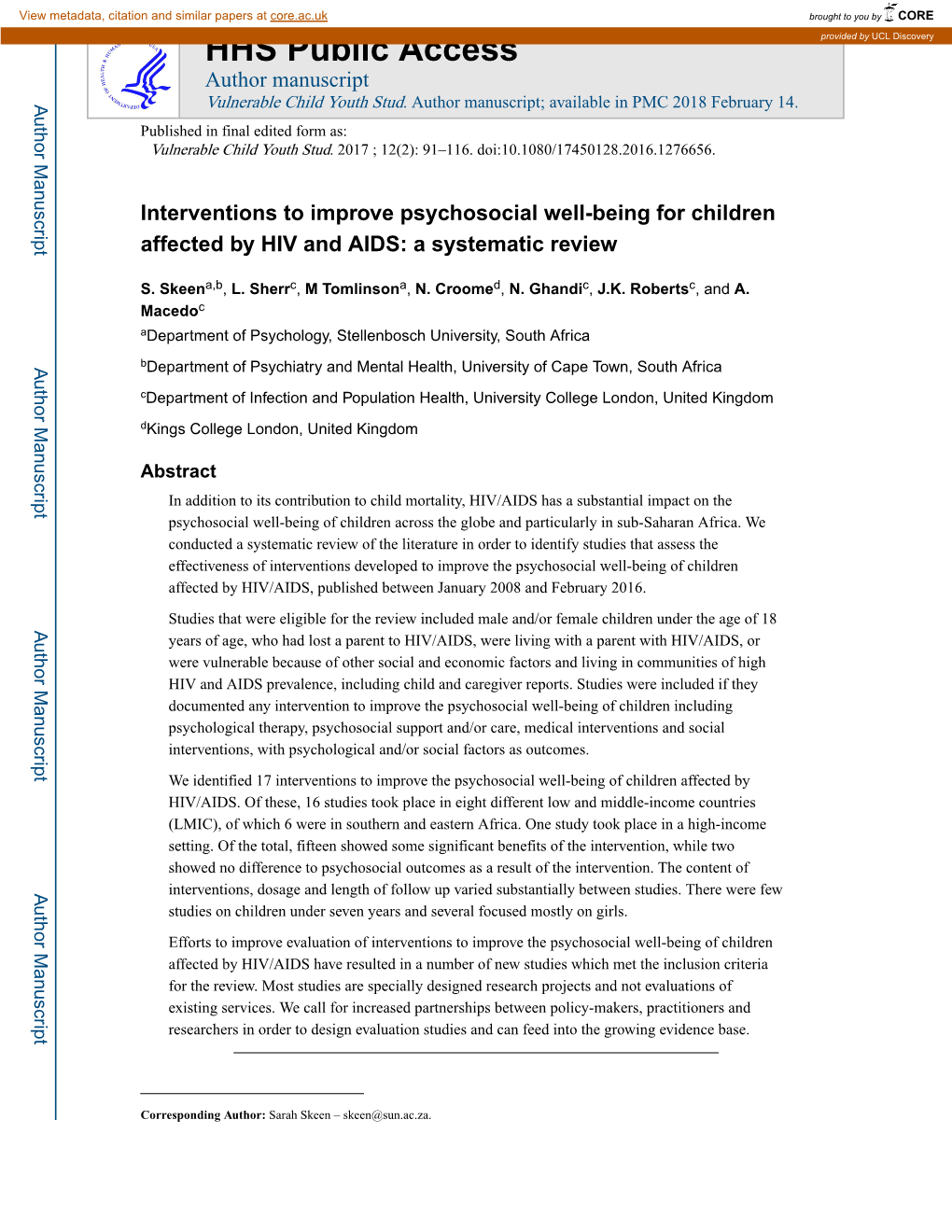 Interventions to Improve Psychosocial Well-Being for Children Affected by HIV and AIDS: a Systematic Review