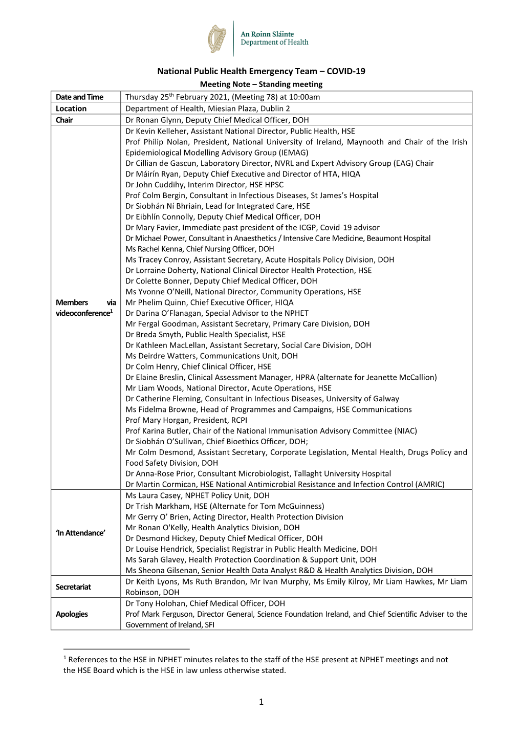 1 National Public Health Emergency Team – COVID-19