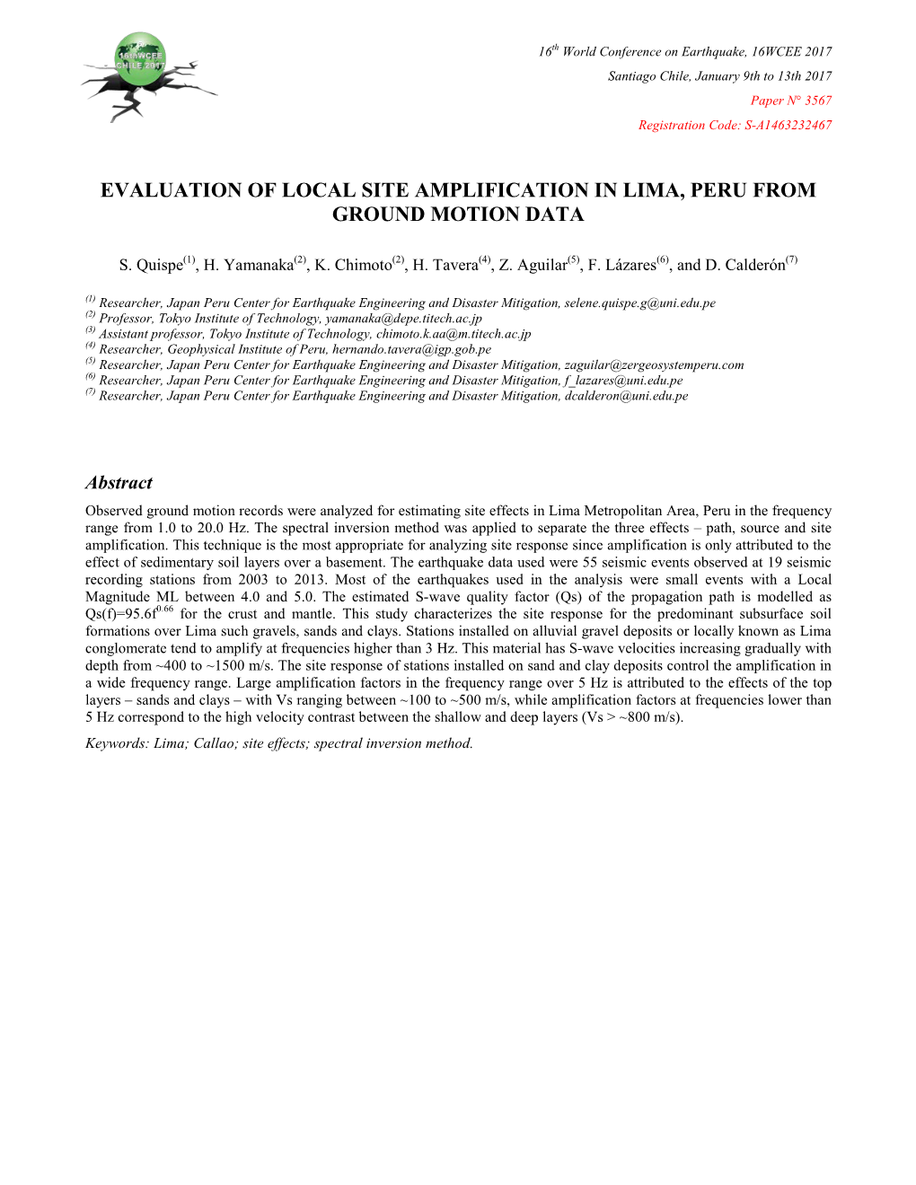 Evaluation of Local Site Amplification in Lima, Peru from Ground Motion Data