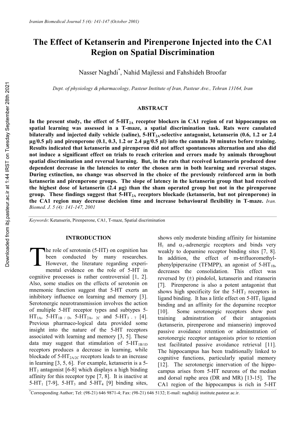 The Effect of Ketanserin and Pirenperone Injected Into the CA1 Region on Spatial Discrimination