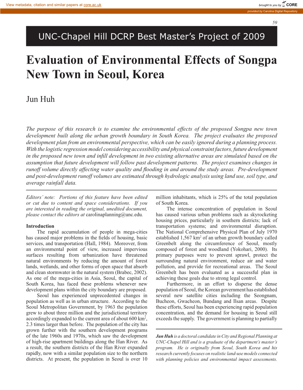 Evaluation of Environmental Effects of Songpa New Town in Seoul, Korea