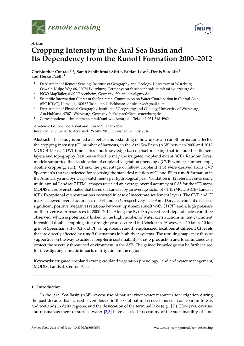 Cropping Intensity in the Aral Sea Basin and Its Dependency from the Runoff Formation 2000–2012