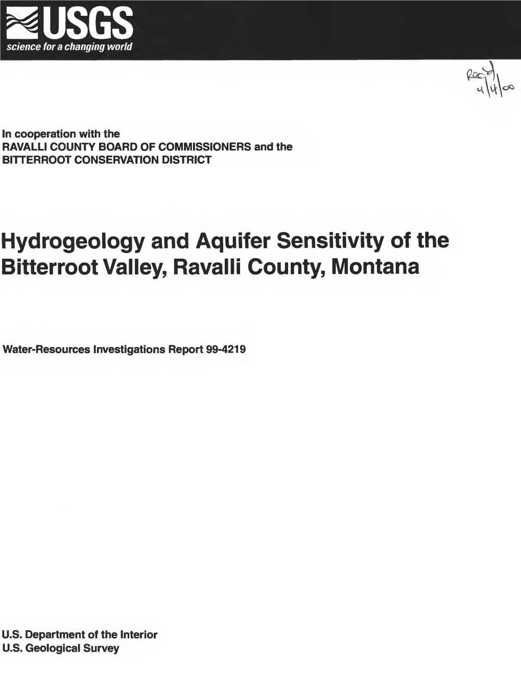 Hydrogeology and Aquifer Sensitivity of the Bitterroot Valley, Ravalli County, Montana