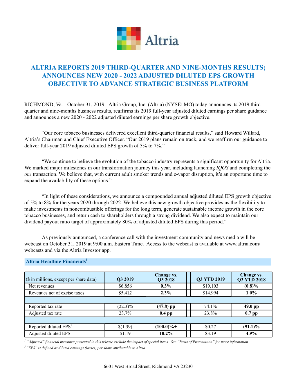 Altria Reports 2019 Third-Quarter and Nine-Months Results; Announces New 2020 - 2022 Adjusted Diluted Eps Growth Objective to Advance Strategic Business Platform