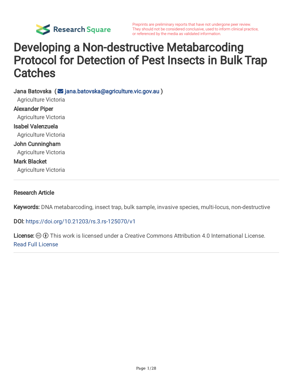 Developing a Non-Destructive Metabarcoding Protocol for Detection of Pest Insects in Bulk Trap Catches