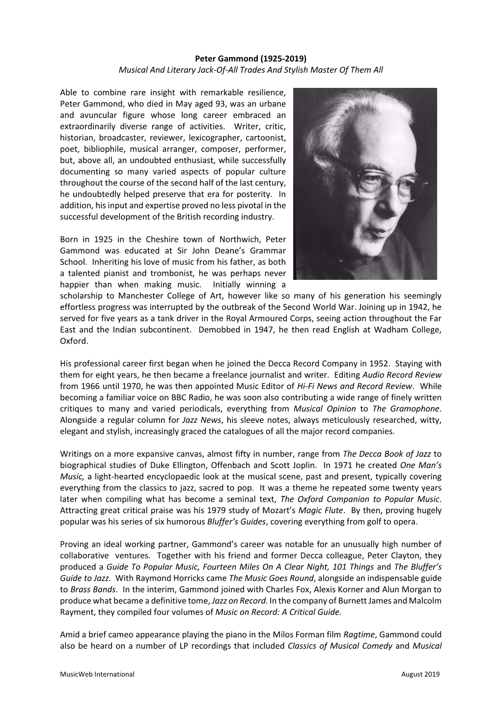 Peter Gammond (1925-2019) Musical and Literary Jack-Of-All Trades and Stylish Master of Them All