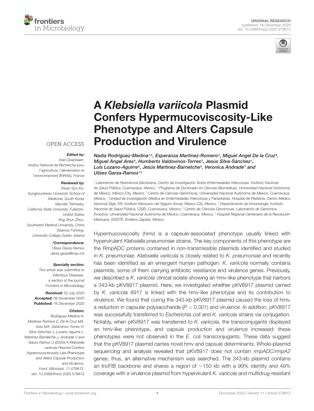 A Klebsiella Variicola Plasmid Confers Hypermucoviscosity-Like Phenotype and Alters Capsule Production and Virulence