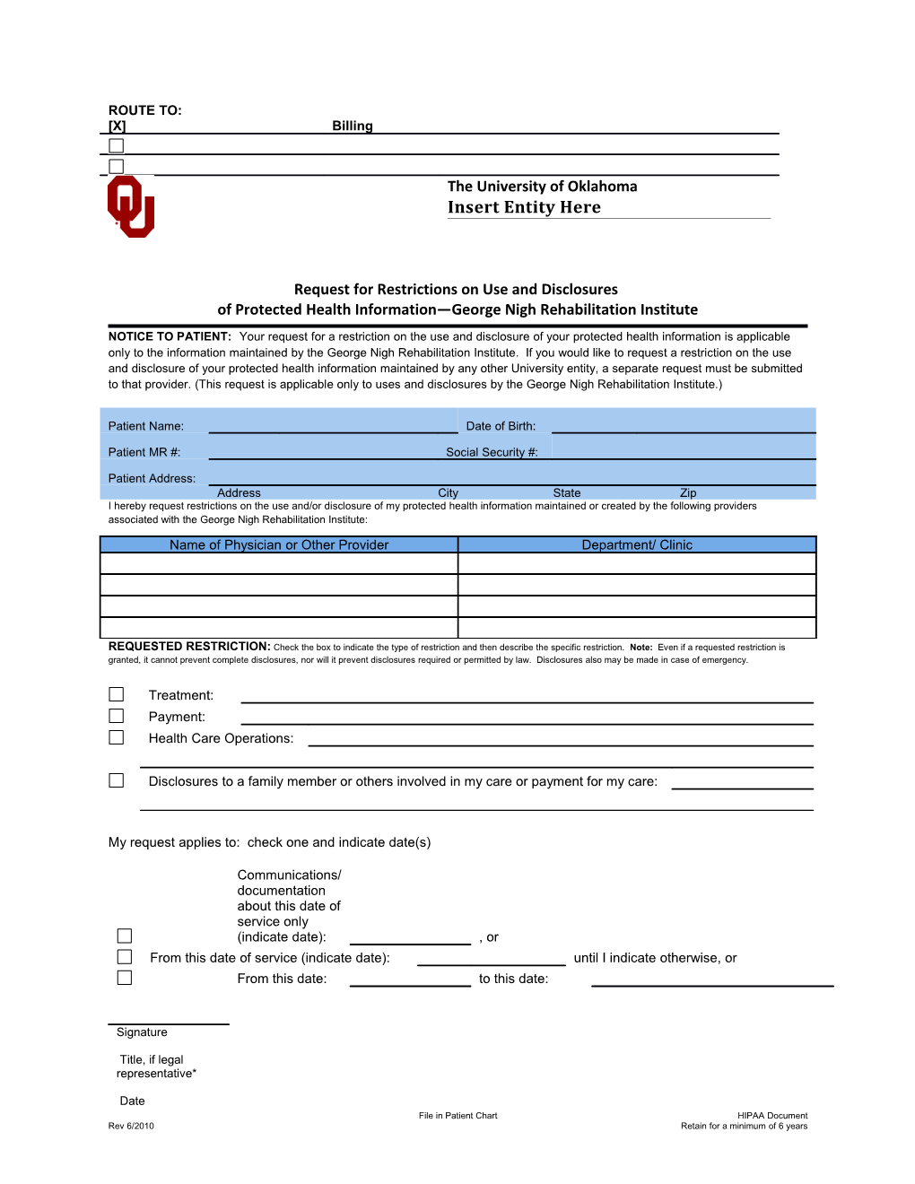 Request for Restrictions on Use and Disclosures