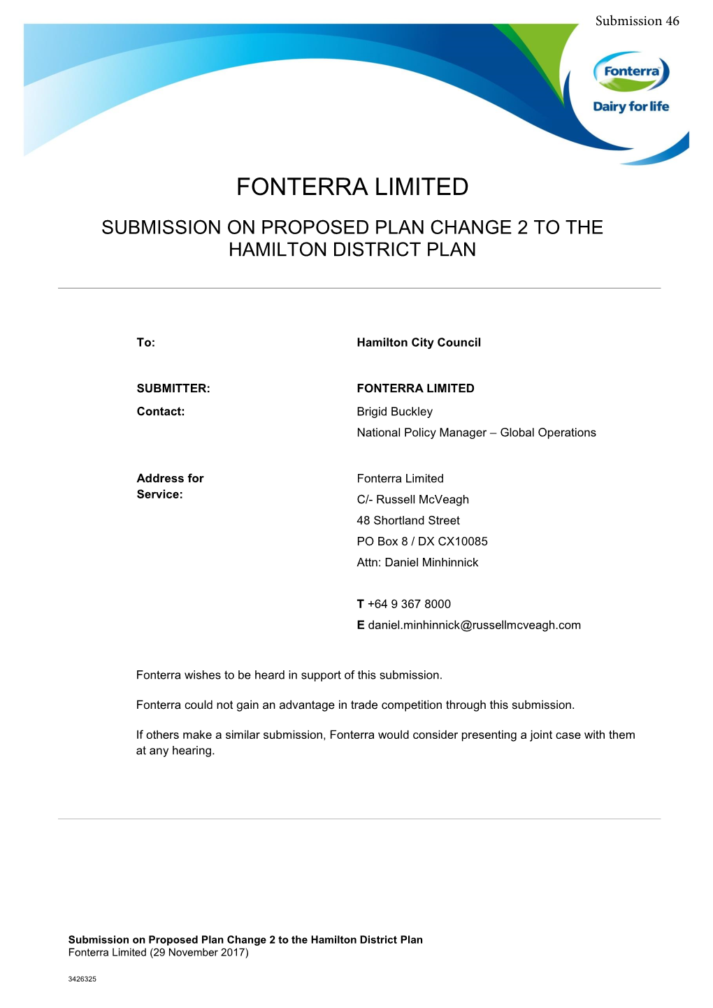 Fonterra Limited Submission on Proposed Plan Change 2 to the Hamilton District Plan