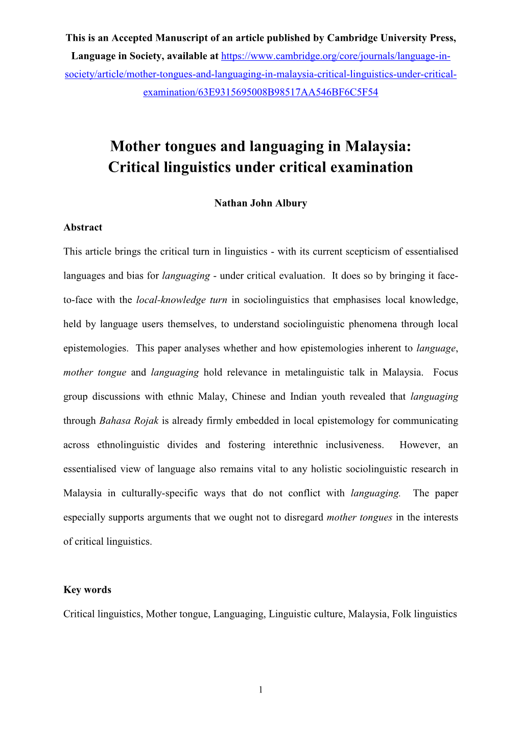 Mother Tongues and Languaging in Malaysia: Critical Linguistics Under Critical Examination